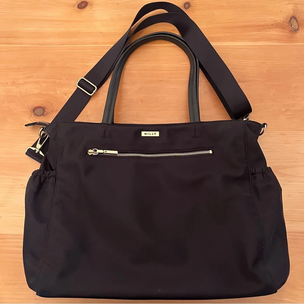 MILLY Luxe Diaper Bag Black Nylon w/ Leather Trim with Changing Pad - MSRP $350